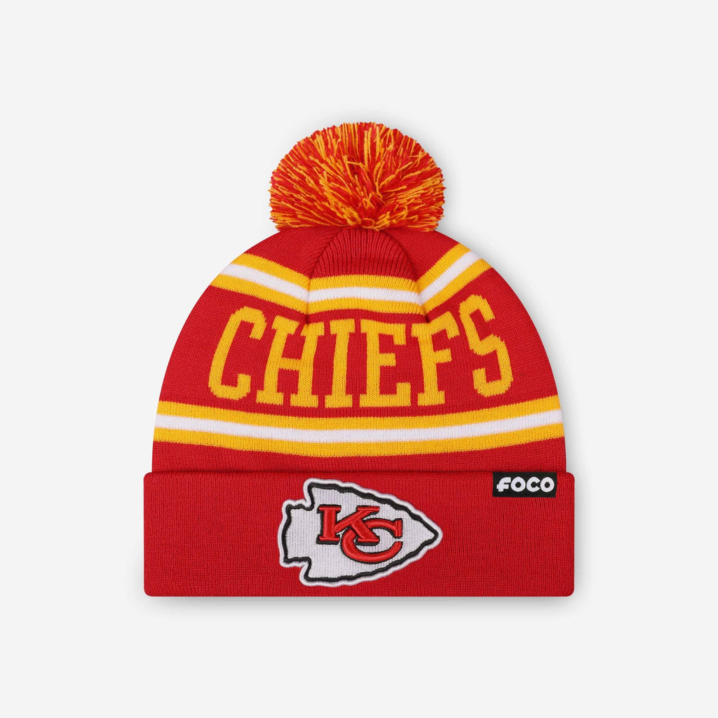 Kansas City Chiefs Primary Logo Stripe Pom Beanie FOCO - FOCO.com