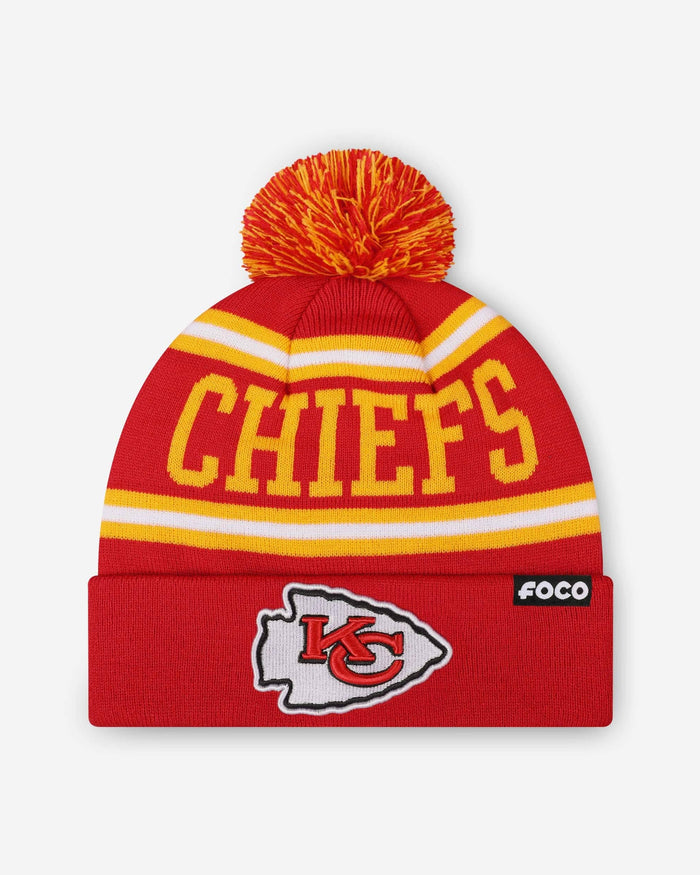 Kansas City Chiefs Primary Logo Stripe Pom Beanie FOCO - FOCO.com