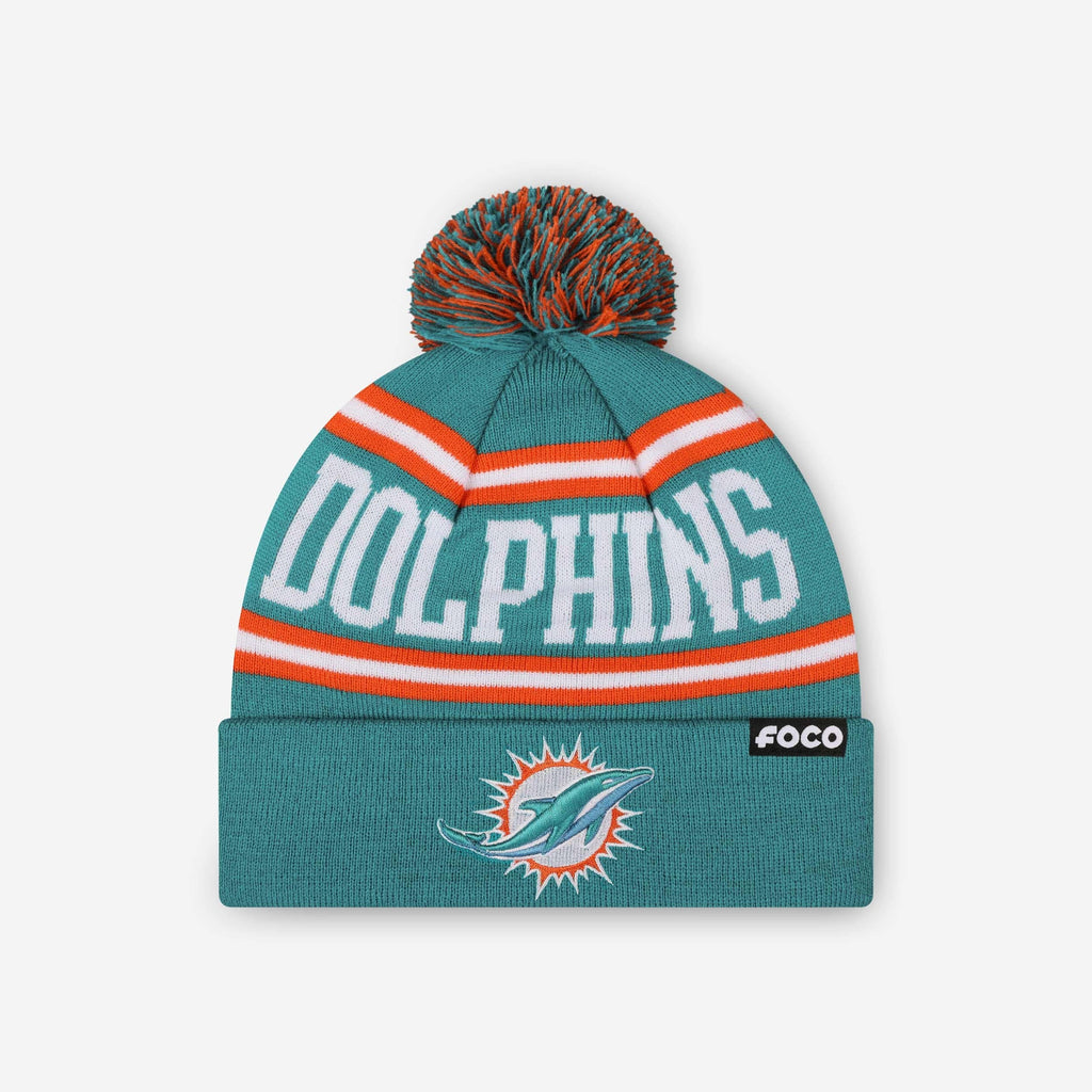 Miami Dolphins Primary Logo Stripe Pom Beanie FOCO - FOCO.com