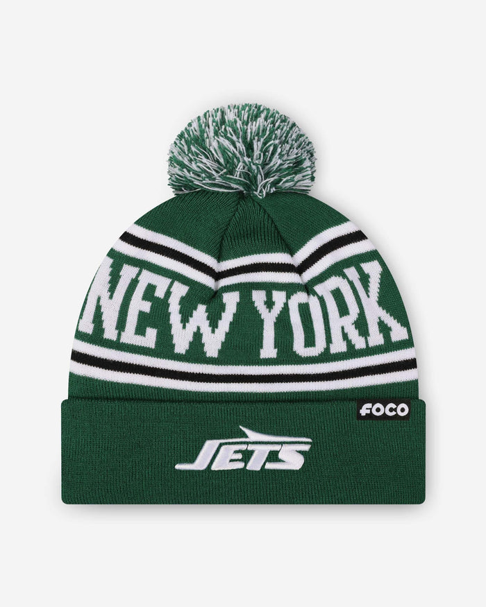 New York Jets Primary Logo Stripe Pom Beanie FOCO - FOCO.com