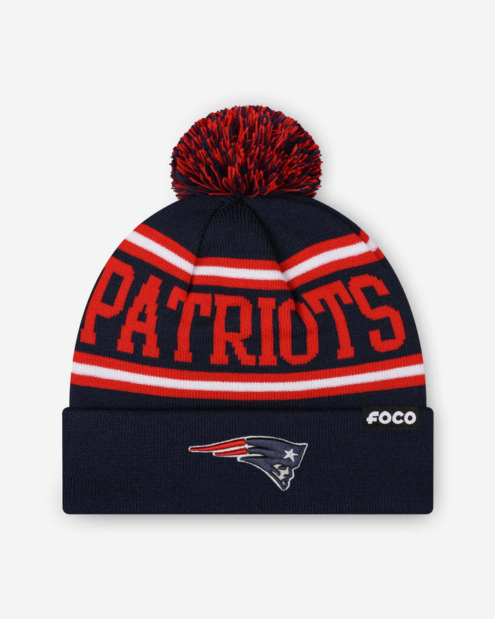 New England Patriots Primary Logo Stripe Pom Beanie FOCO - FOCO.com