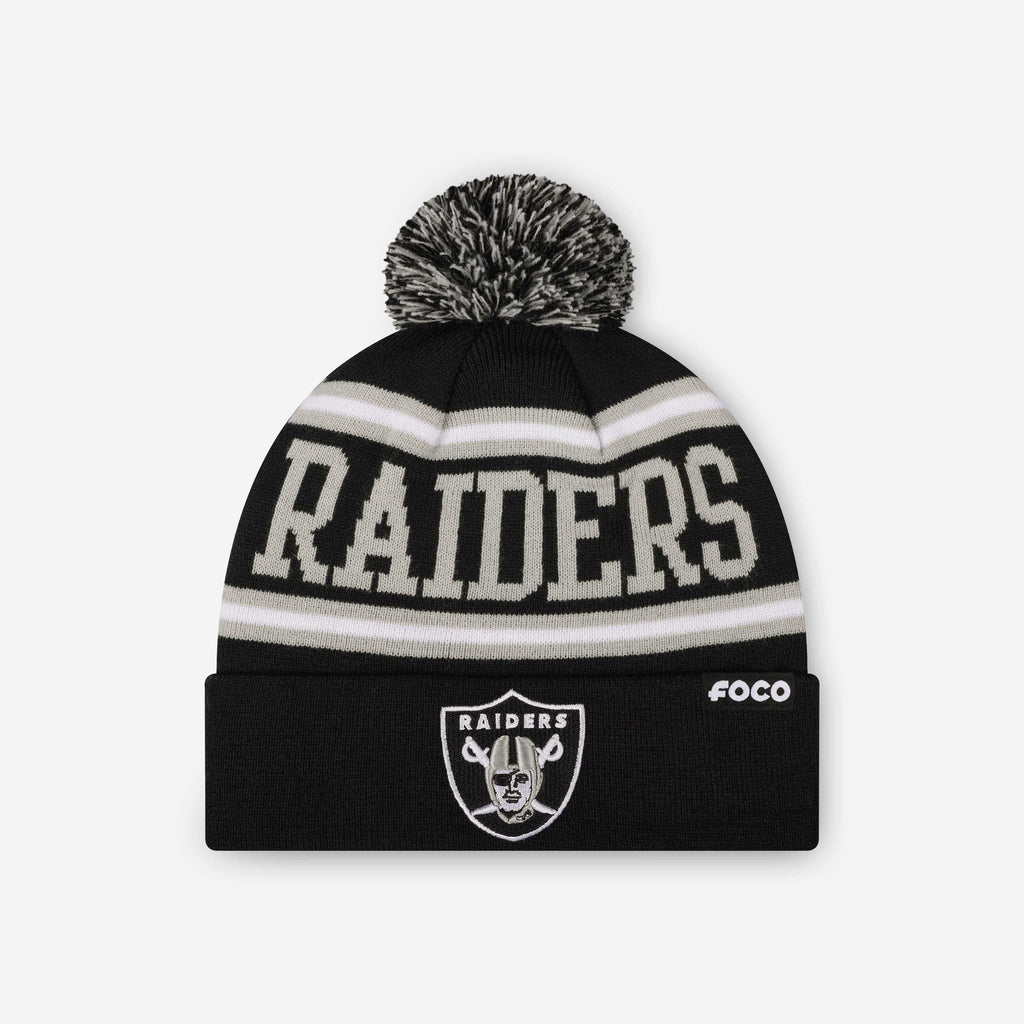 Las Vegas Raiders Primary Logo Stripe Pom Beanie FOCO - FOCO.com