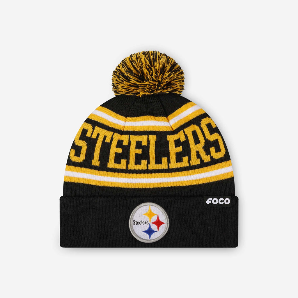 Pittsburgh Steelers Primary Logo Stripe Pom Beanie FOCO - FOCO.com