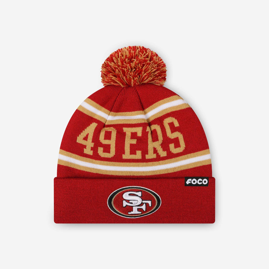 San Francisco 49ers Primary Logo Stripe Pom Beanie FOCO - FOCO.com