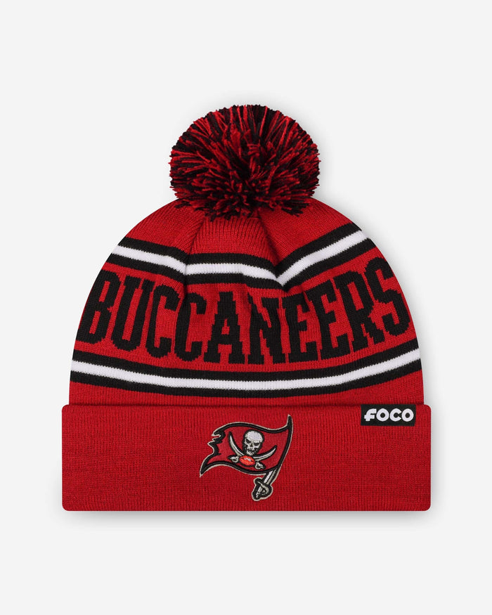 Tampa Bay Buccaneers Primary Logo Stripe Pom Beanie FOCO - FOCO.com