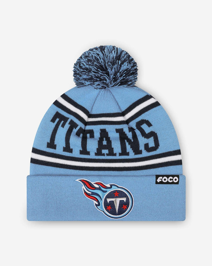 Tennessee Titans Primary Logo Stripe Pom Beanie FOCO - FOCO.com