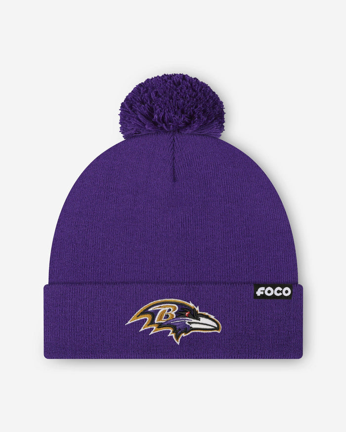 Baltimore Ravens Basic Primary Logo Pom Beanie FOCO Purple - FOCO.com