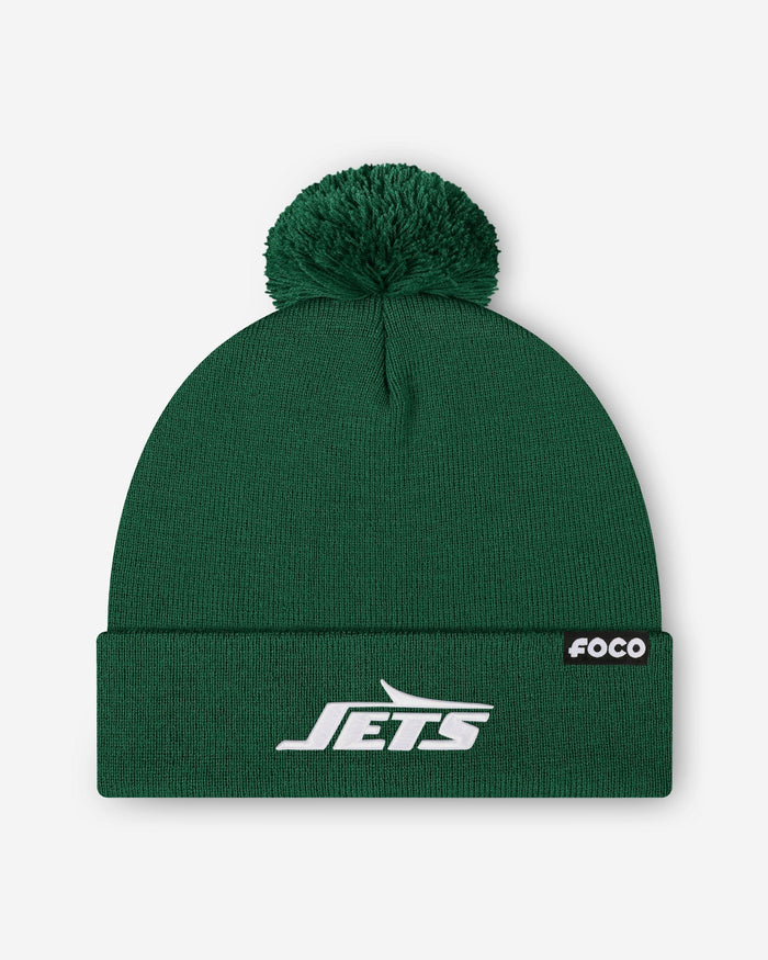 New York Jets Basic Primary Logo Pom Beanie FOCO Dark Green - FOCO.com