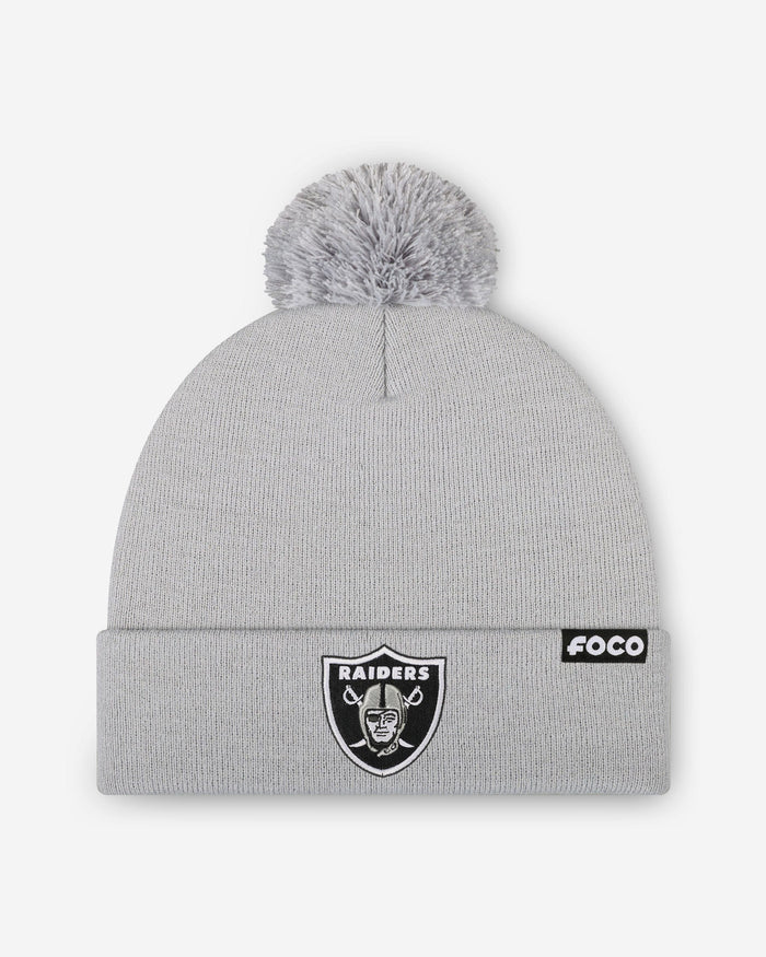 Las Vegas Raiders Basic Primary Logo Pom Beanie FOCO Silver - FOCO.com