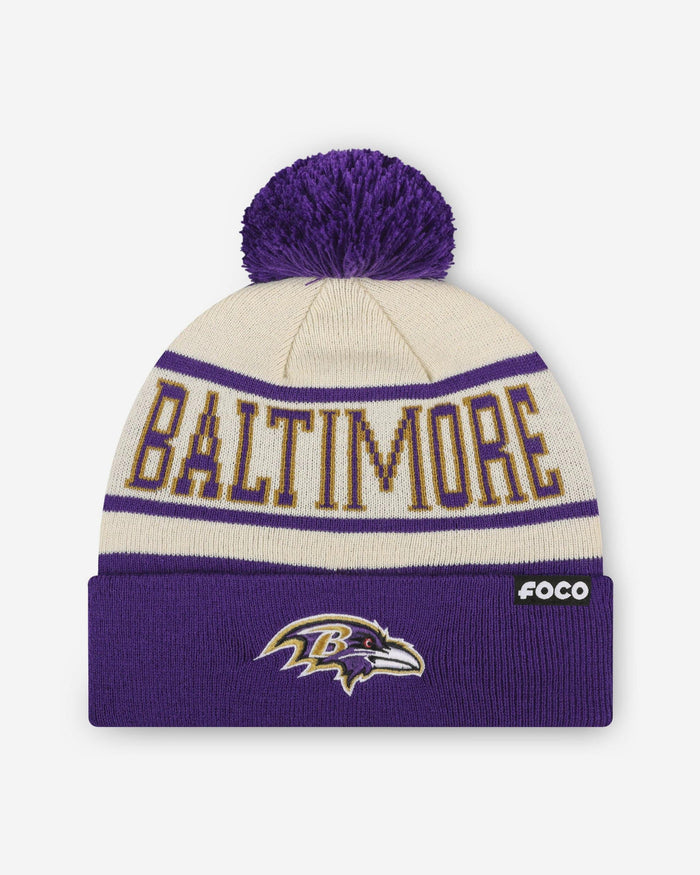 Baltimore Ravens Heritage Stripe Primary Logo Pom Beanie FOCO - FOCO.com