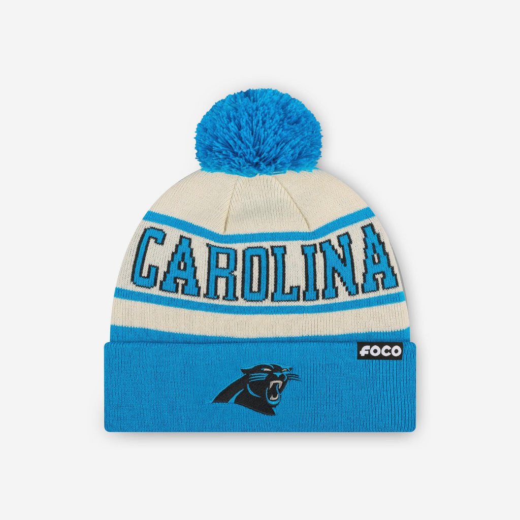 Carolina Panthers Heritage Stripe Primary Logo Pom Beanie FOCO - FOCO.com