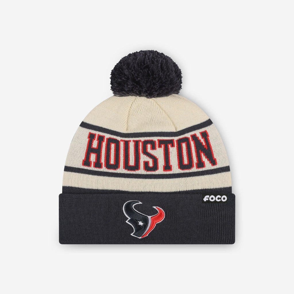 Houston Texans Heritage Stripe Primary Logo Pom Beanie FOCO - FOCO.com