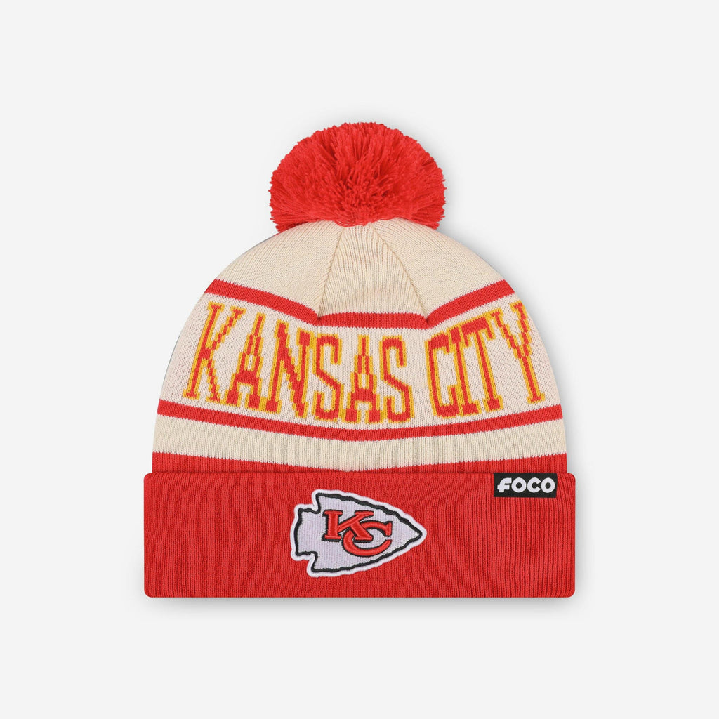 Kansas City Chiefs Heritage Stripe Primary Logo Pom Beanie FOCO - FOCO.com