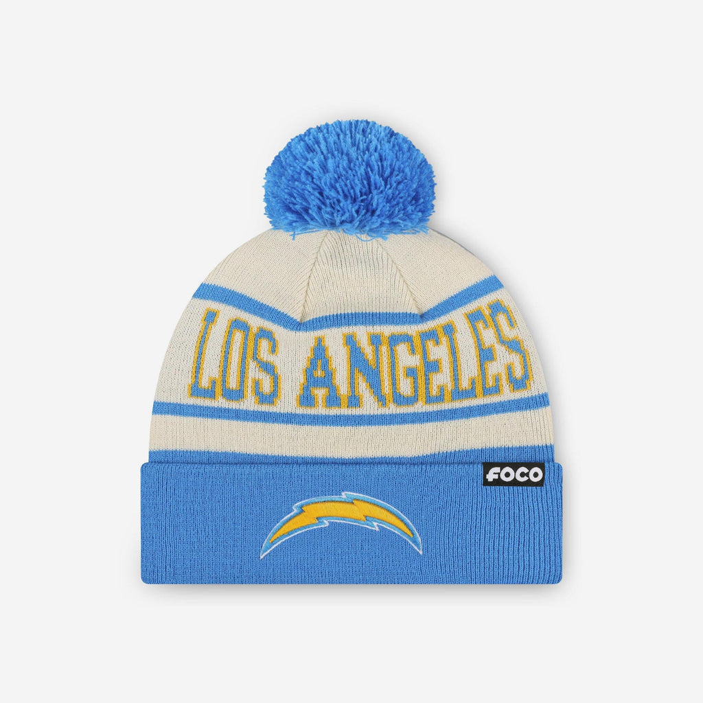 Los Angeles Chargers Heritage Stripe Primary Logo Pom Beanie FOCO - FOCO.com