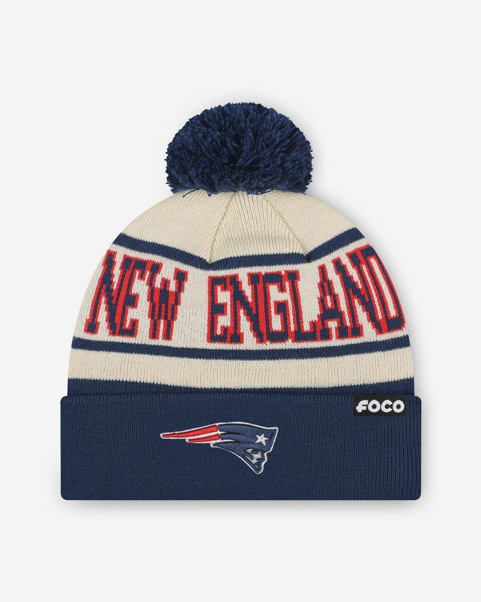 New England Patriots Heritage Stripe Primary Logo Pom Beanie FOCO - FOCO.com
