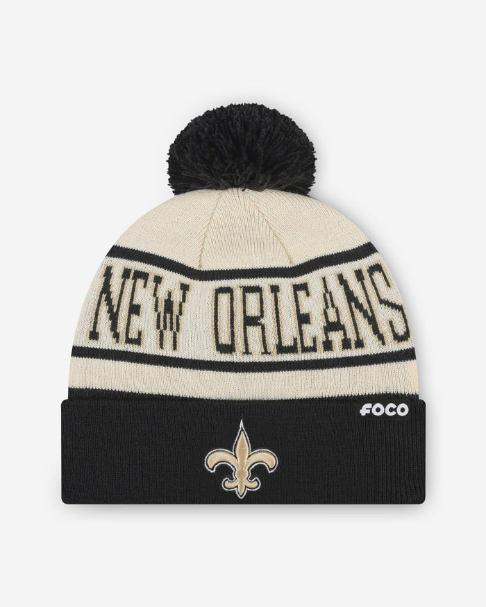 New Orleans Saints Heritage Stripe Primary Logo Pom Beanie FOCO - FOCO.com