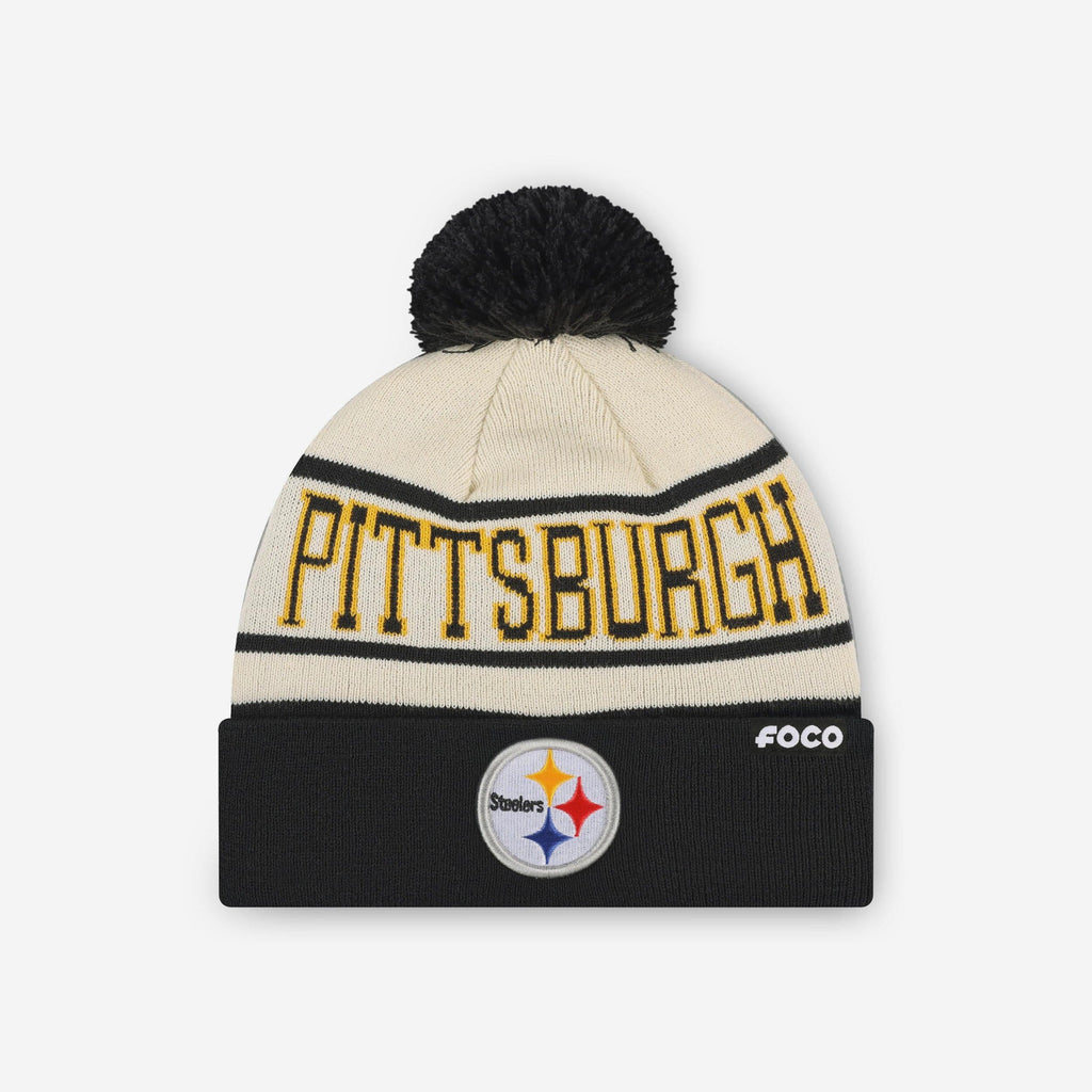 Pittsburgh Steelers Heritage Stripe Primary Logo Pom Beanie FOCO - FOCO.com