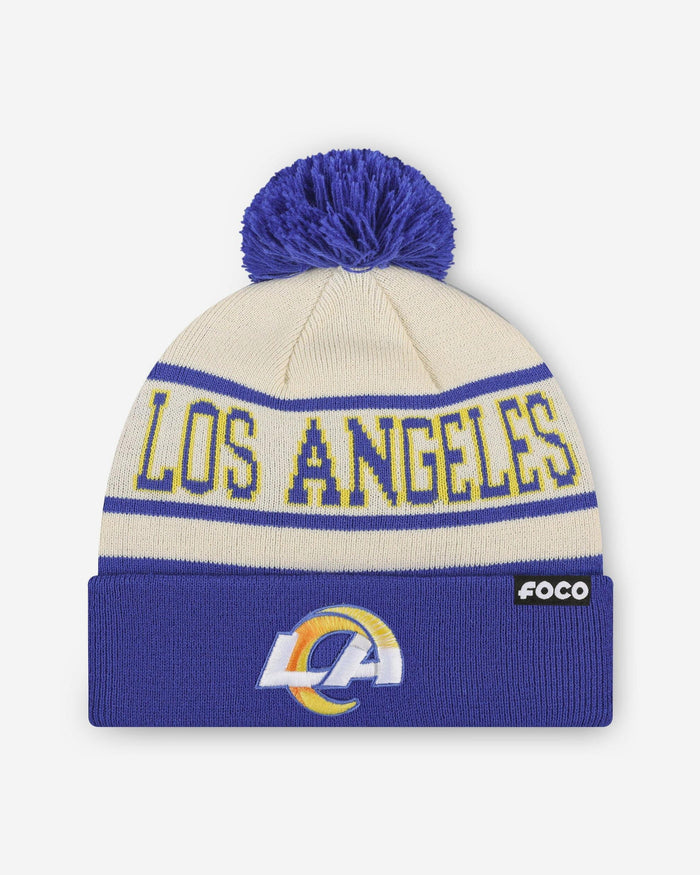 Los Angeles Rams Heritage Stripe Primary Logo Pom Beanie FOCO - FOCO.com