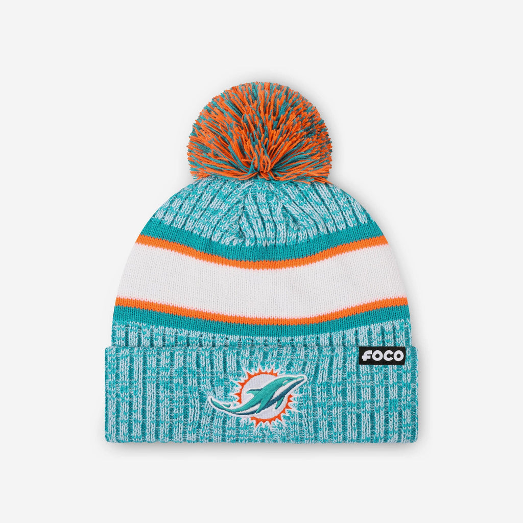 Miami Dolphins Heather Team Stripe Lined Pom Beanie FOCO - FOCO.com