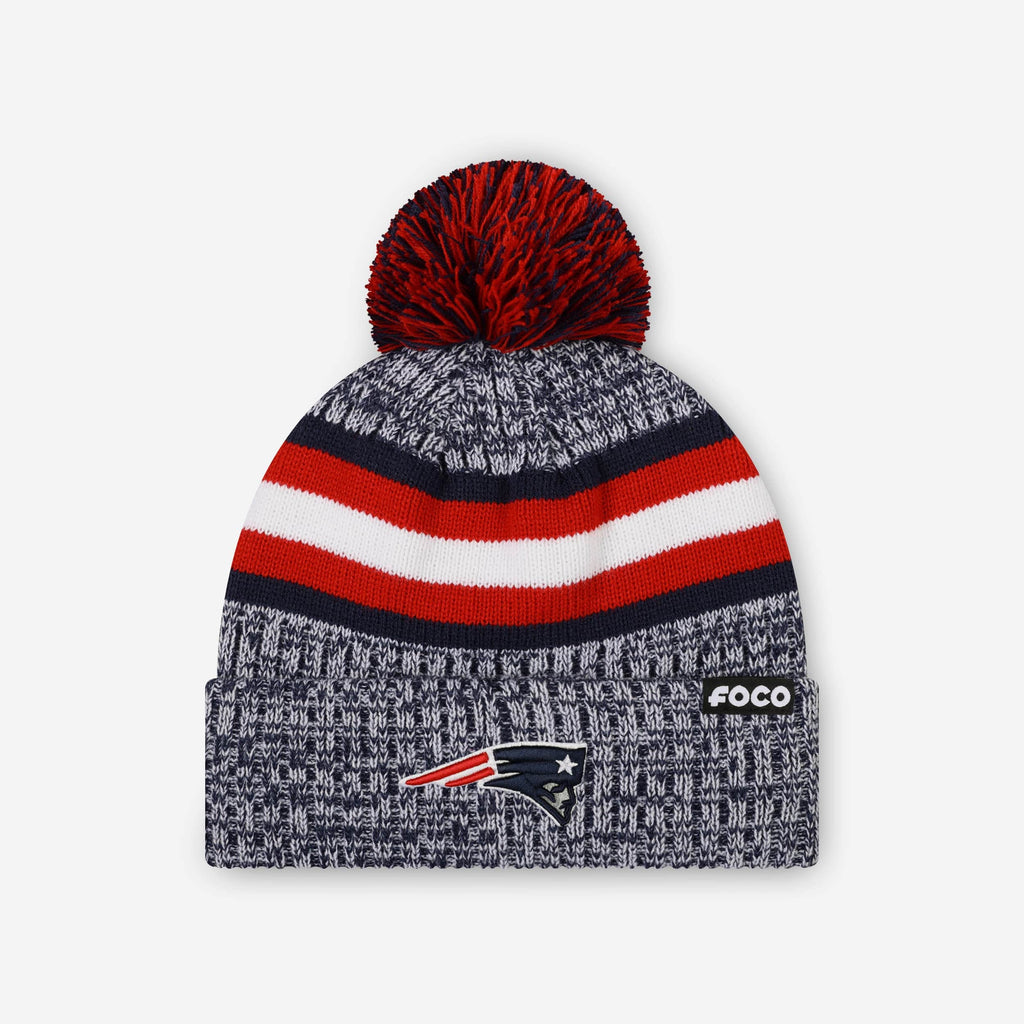 New England Patriots Heather Team Stripe Lined Pom Beanie FOCO - FOCO.com