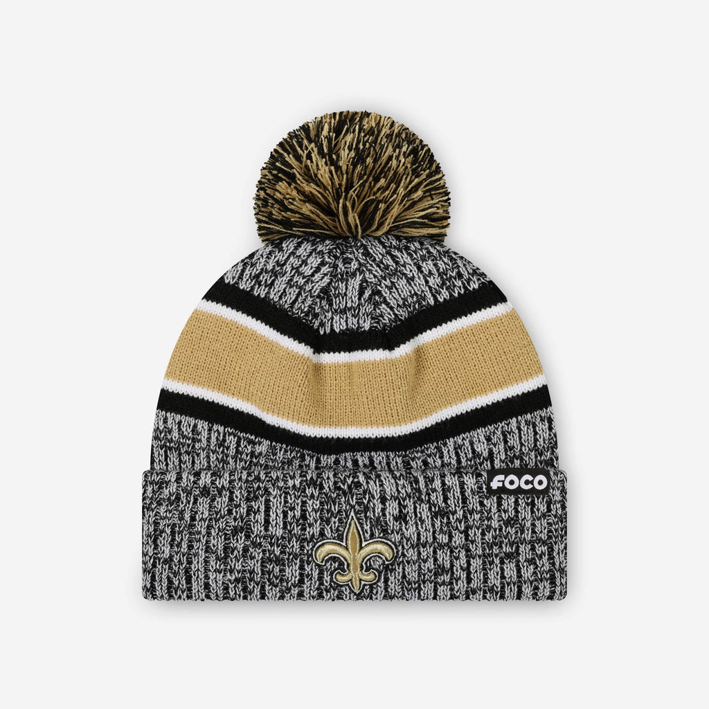 New Orleans Saints Heather Team Stripe Lined Pom Beanie FOCO - FOCO.com