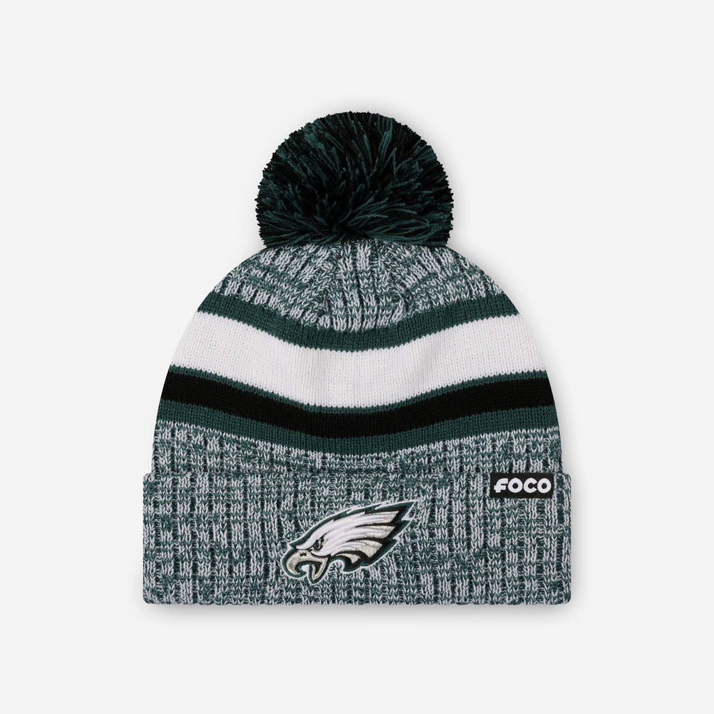 Philadelphia Eagles Heather Team Stripe Lined Pom Beanie FOCO - FOCO.com