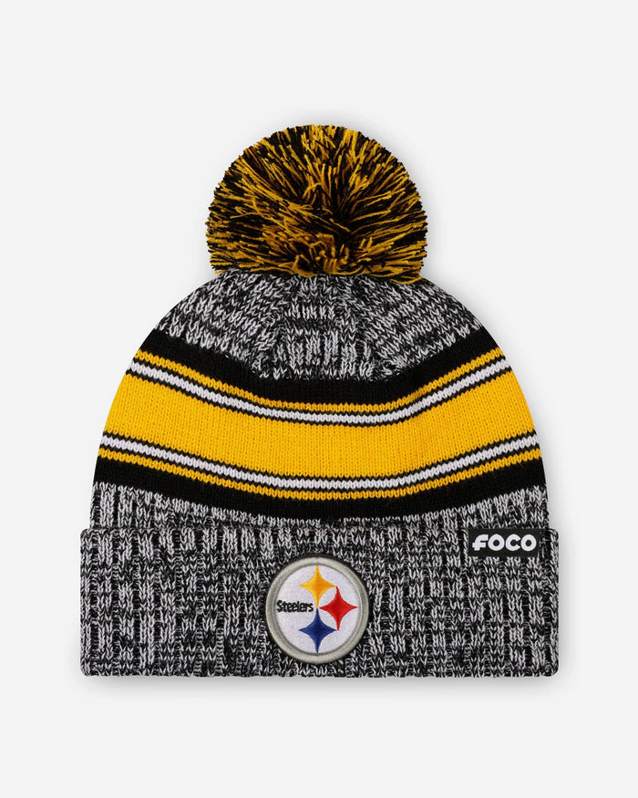 Pittsburgh Steelers Heather Team Stripe Lined Pom Beanie FOCO - FOCO.com