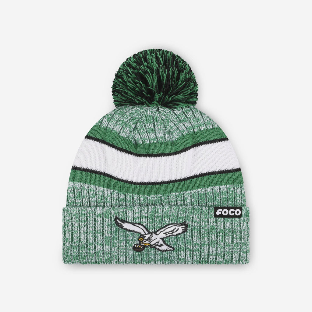 Philadelphia Eagles Kelly Green Heather Team Stripe Lined Pom Beanie FOCO - FOCO.com