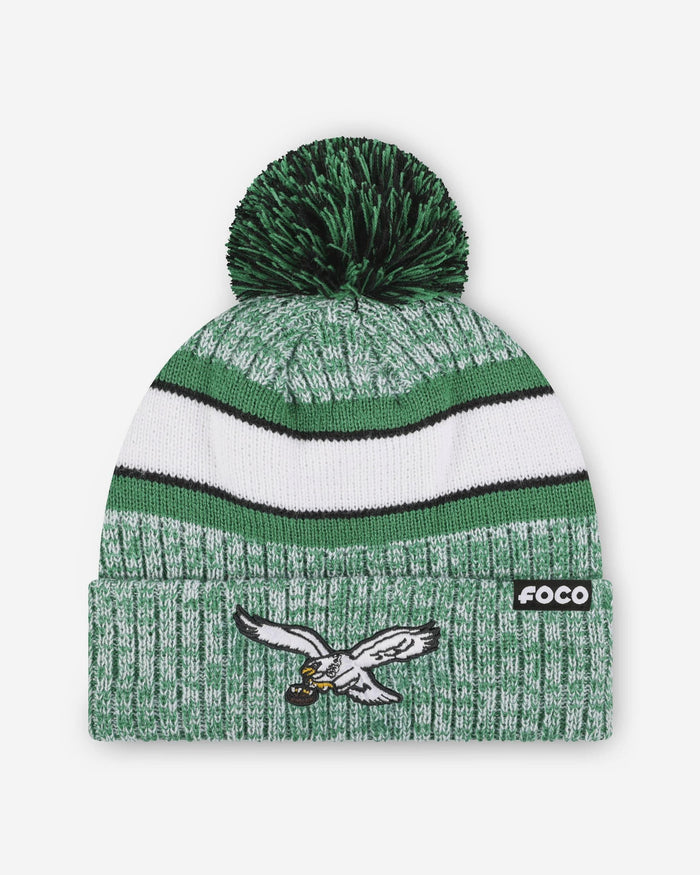 Philadelphia Eagles Kelly Green Heather Team Stripe Lined Pom Beanie FOCO - FOCO.com