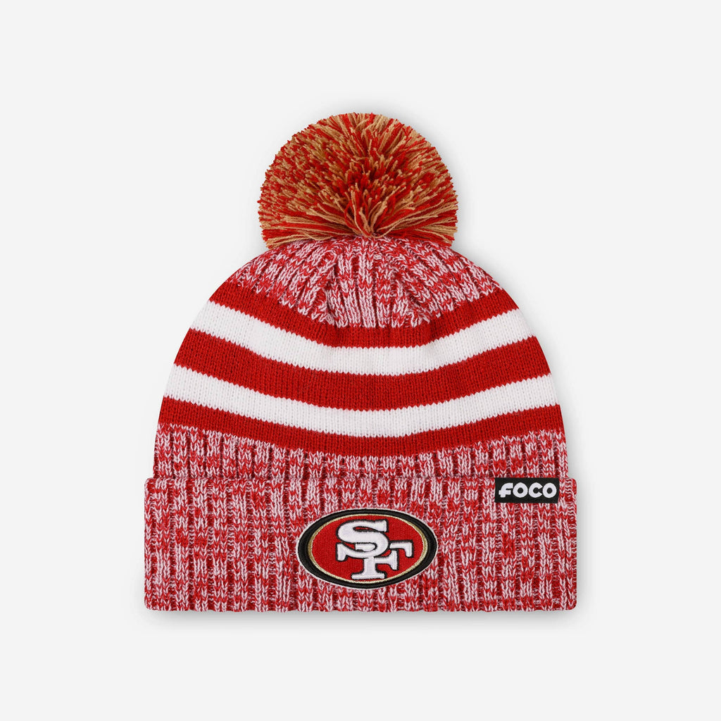 San Francisco 49ers Heather Team Stripe Lined Pom Beanie FOCO - FOCO.com