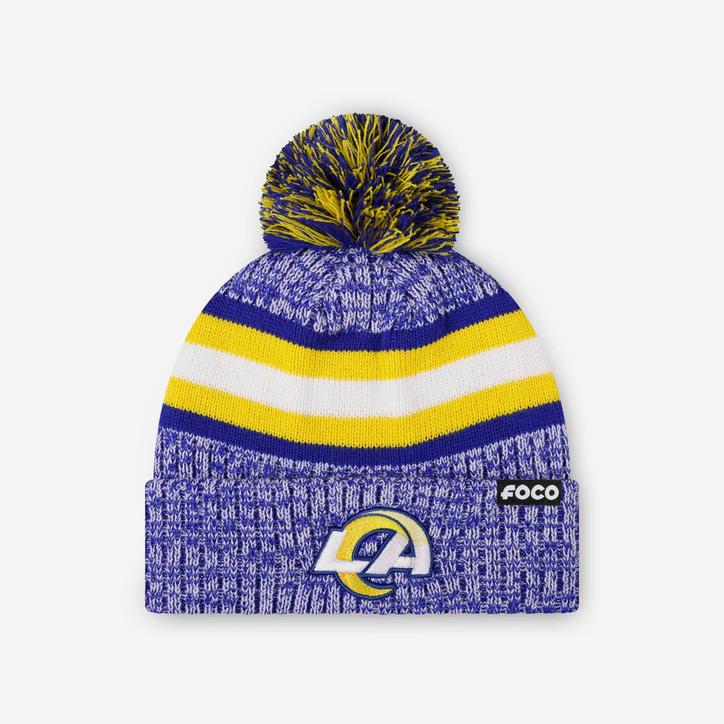 Los Angeles Rams Heather Team Stripe Lined Pom Beanie FOCO - FOCO.com