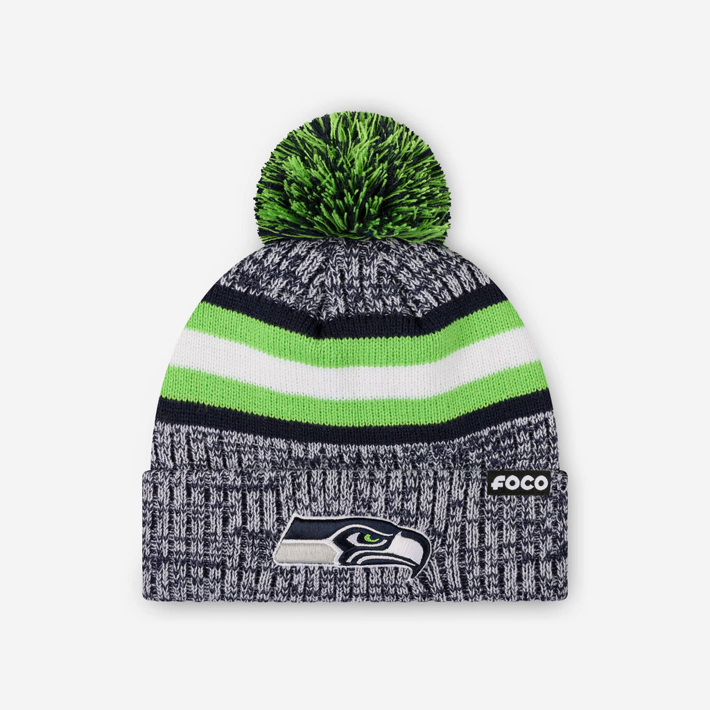 Seattle Seahawks Heather Team Stripe Lined Pom Beanie FOCO - FOCO.com