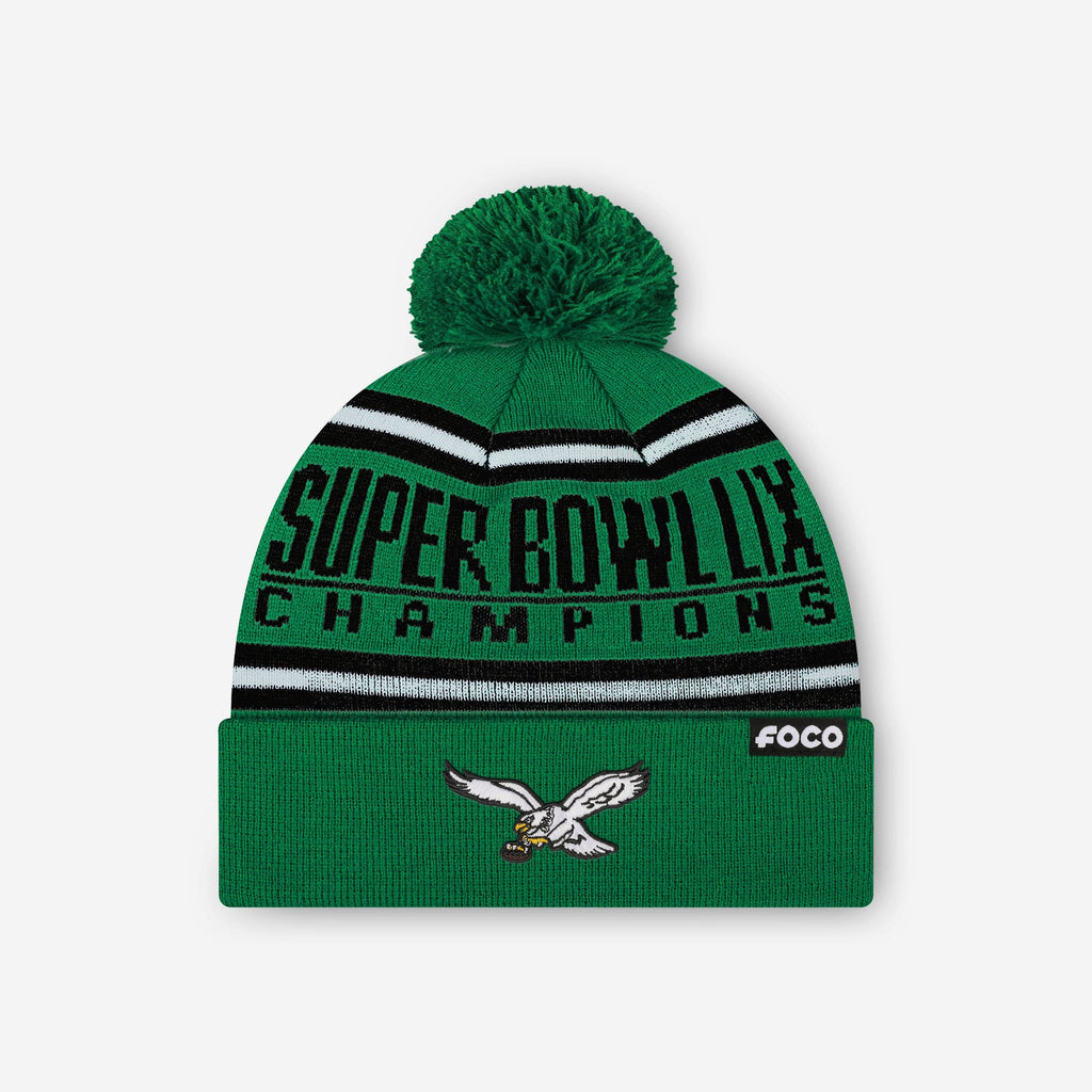 Philadelphia Eagles Super Bowl LIX Champions Kelly Green Retro Logo Stripe Pom Beanie FOCO - FOCO.com