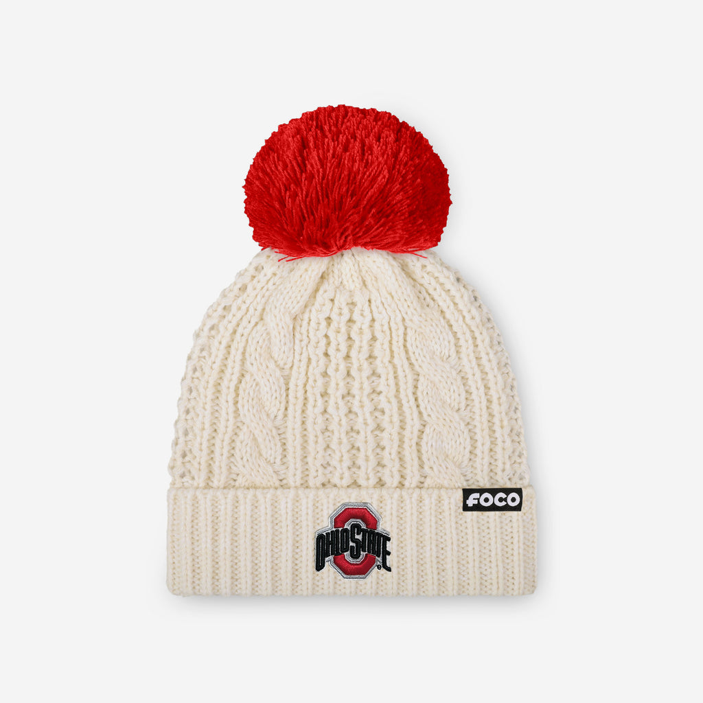 Ohio State Buckeyes Womens Primary Logo White Cable Knit Pom Beanie FOCO - FOCO.com