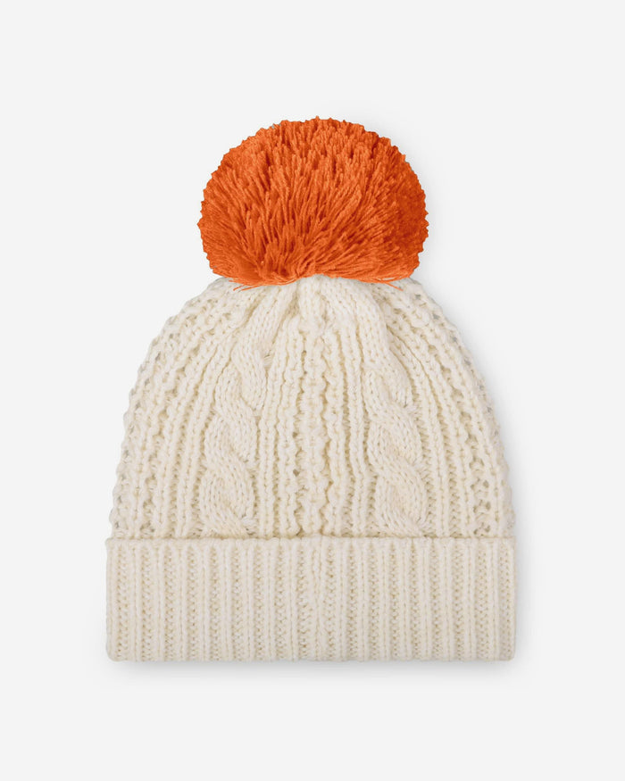 Clemson Tigers Womens Primary Logo White Cable Knit Pom Beanie FOCO - FOCO.com