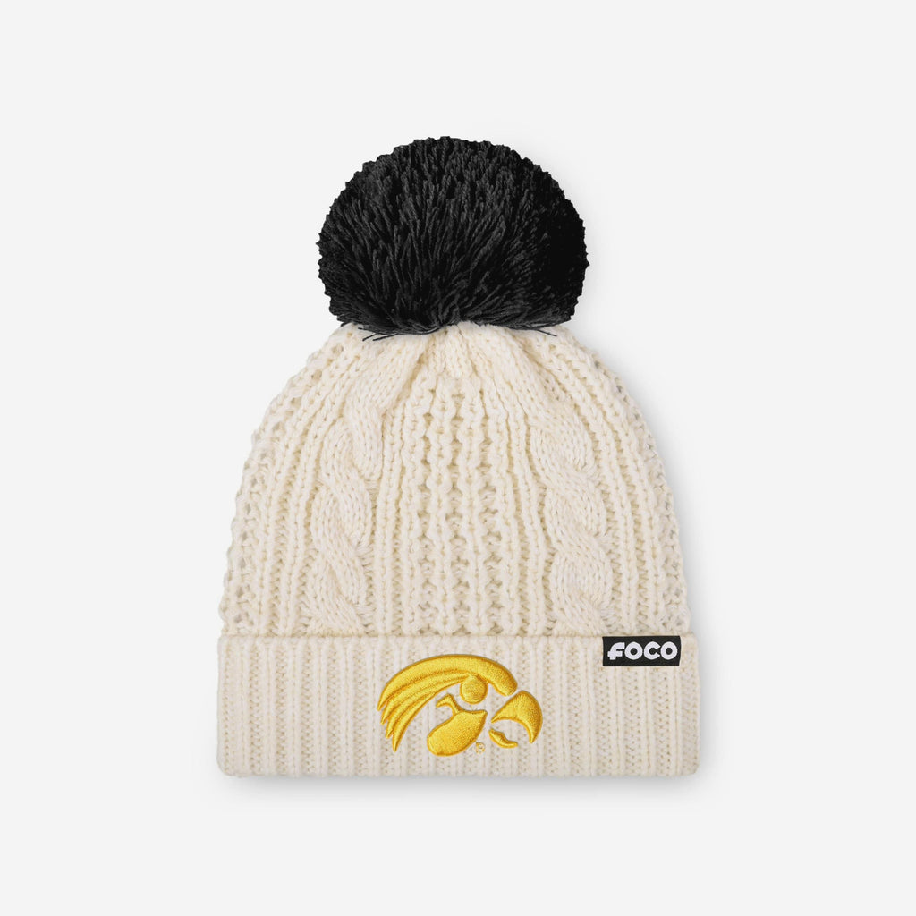 Iowa Hawkeyes Womens Primary Logo White Cable Knit Pom Beanie FOCO - FOCO.com
