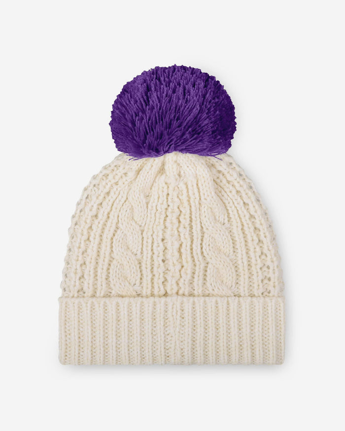 LSU Tigers Womens Primary Logo White Cable Knit Pom Beanie FOCO - FOCO.com