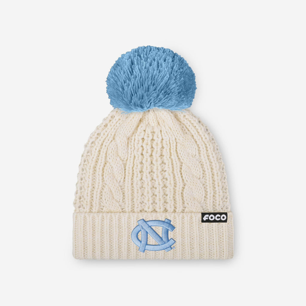 North Carolina Tar Heels Womens Primary Logo White Cable Knit Pom Beanie FOCO - FOCO.com