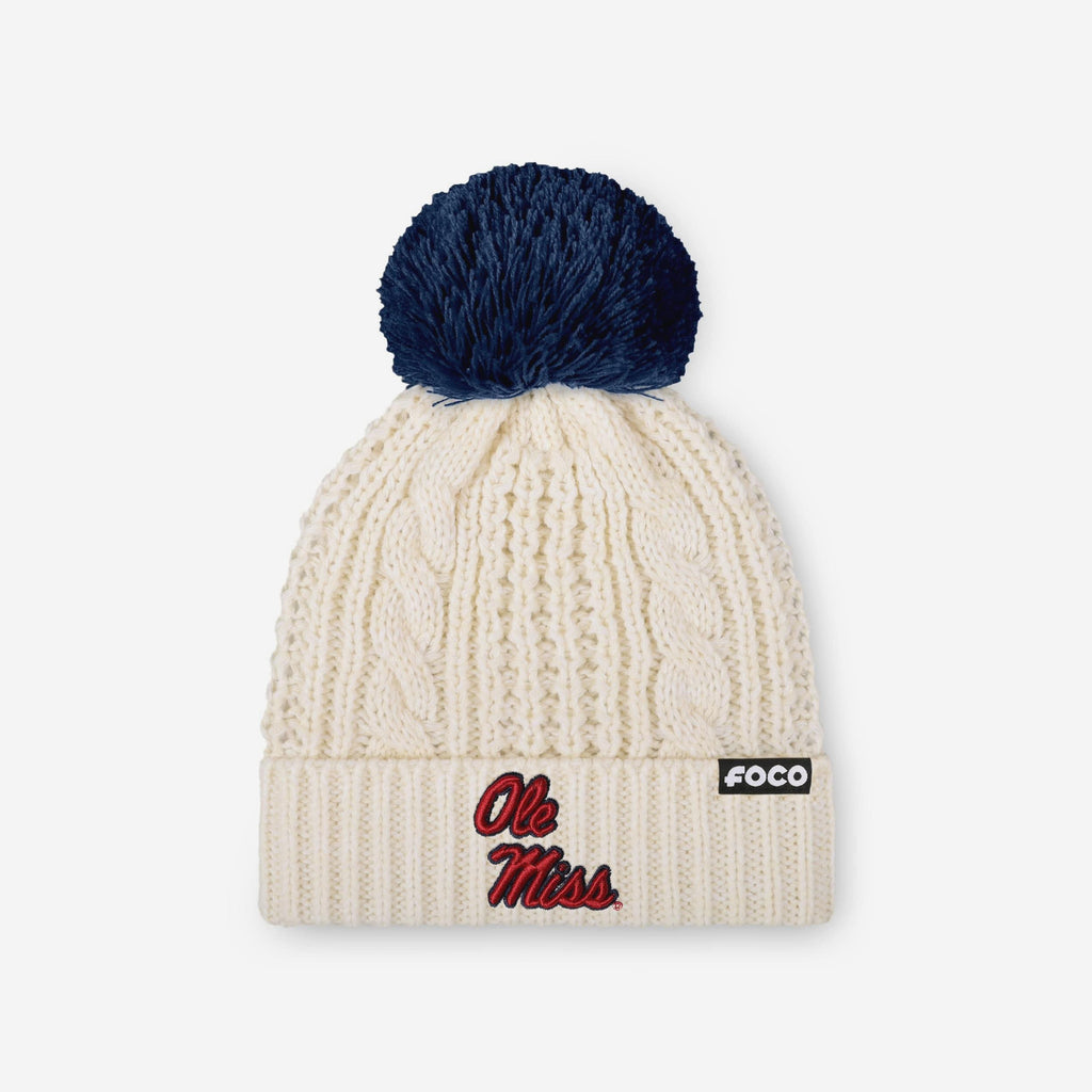 Ole Miss Rebels Womens Primary Logo White Cable Knit Pom Beanie FOCO - FOCO.com