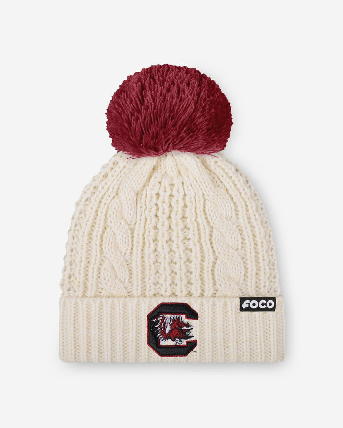 South Carolina Gamecocks Womens Primary Logo White Cable Knit Pom Beanie FOCO - FOCO.com