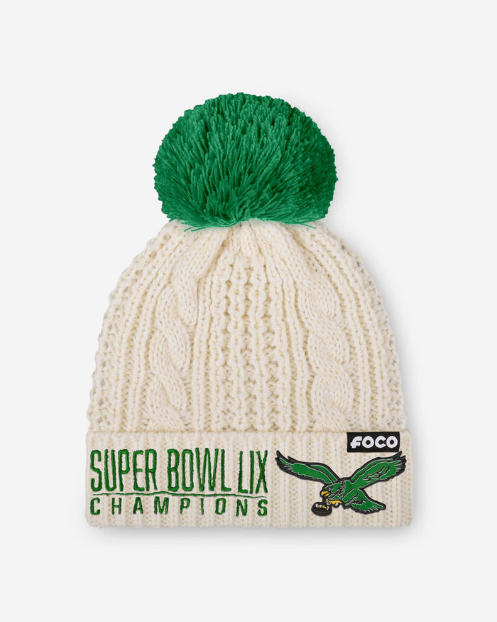 Philadelphia Eagles Super Bowl LIX Champions Retro Logo White Cable Knit Pom Beanie FOCO - FOCO.com