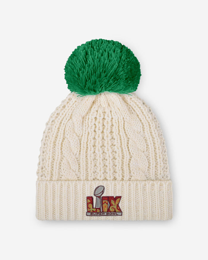 Philadelphia Eagles Super Bowl LIX Champions Retro Logo White Cable Knit Pom Beanie FOCO - FOCO.com