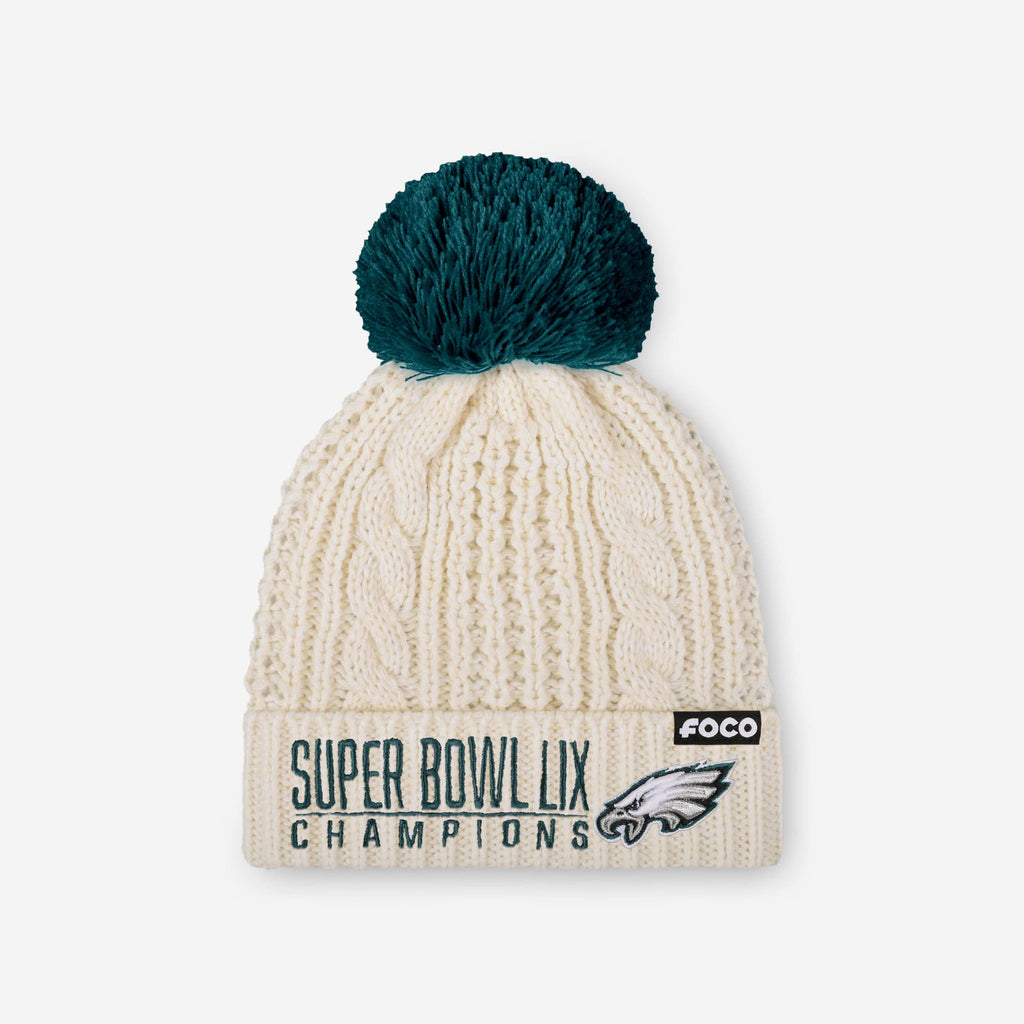 Philadelphia Eagles Super Bowl LIX Champions Primary Logo White Cable Knit Pom Beanie FOCO - FOCO.com