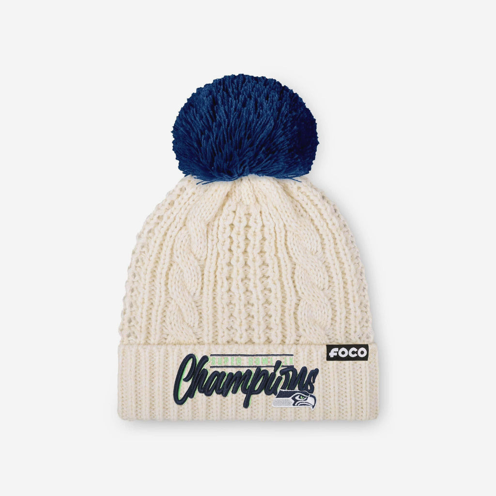 Seattle Seahawks Super Bowl LX Champions Primary Logo White Cable Knit Pom Beanie FOCO - FOCO.com