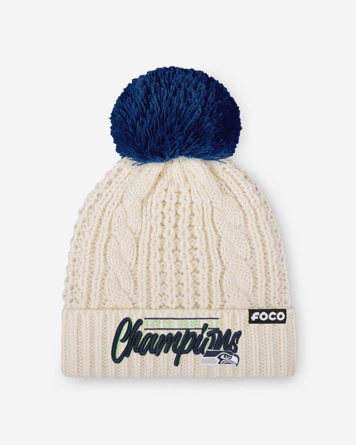 Seattle Seahawks Super Bowl LX Champions Primary Logo White Cable Knit Pom Beanie FOCO - FOCO.com