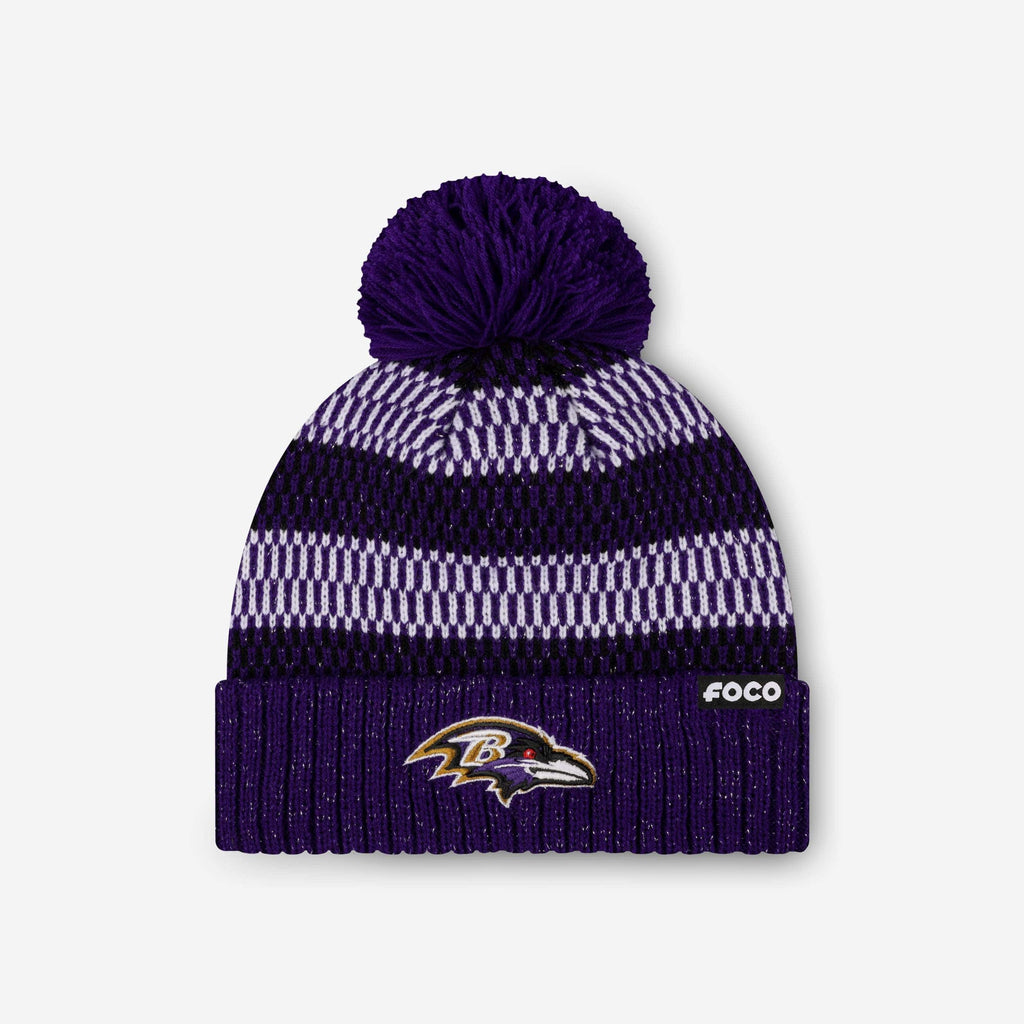 Baltimore Ravens Womens Cozy Knit Metallic Thread Pom Beanie FOCO - FOCO.com