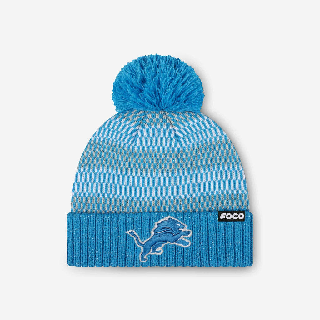 Detroit Lions Womens Cozy Knit Metallic Thread Pom Beanie FOCO - FOCO.com