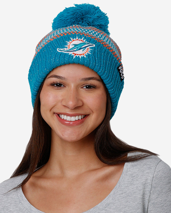 Miami Dolphins Womens Cozy Knit Metallic Thread Pom Beanie