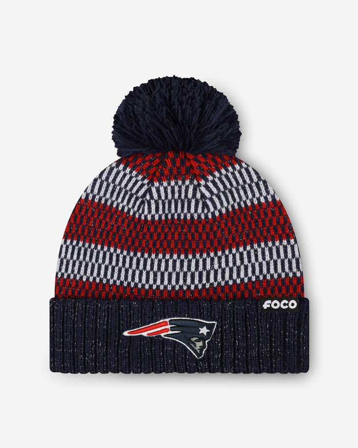 New England Patriots Womens Cozy Knit Metallic Thread Pom Beanie FOCO - FOCO.com