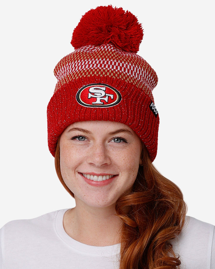 San Francisco 49ers Womens Cozy Knit Metallic Thread Pom Beanie FOCO - FOCO.com